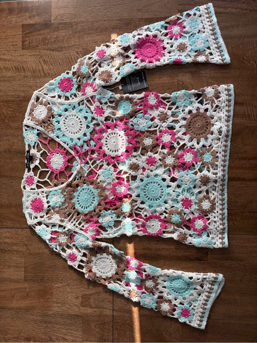 Boston Proper Crochet Openwork Pullover in White, Pink, Aqua & Brown (NEW)